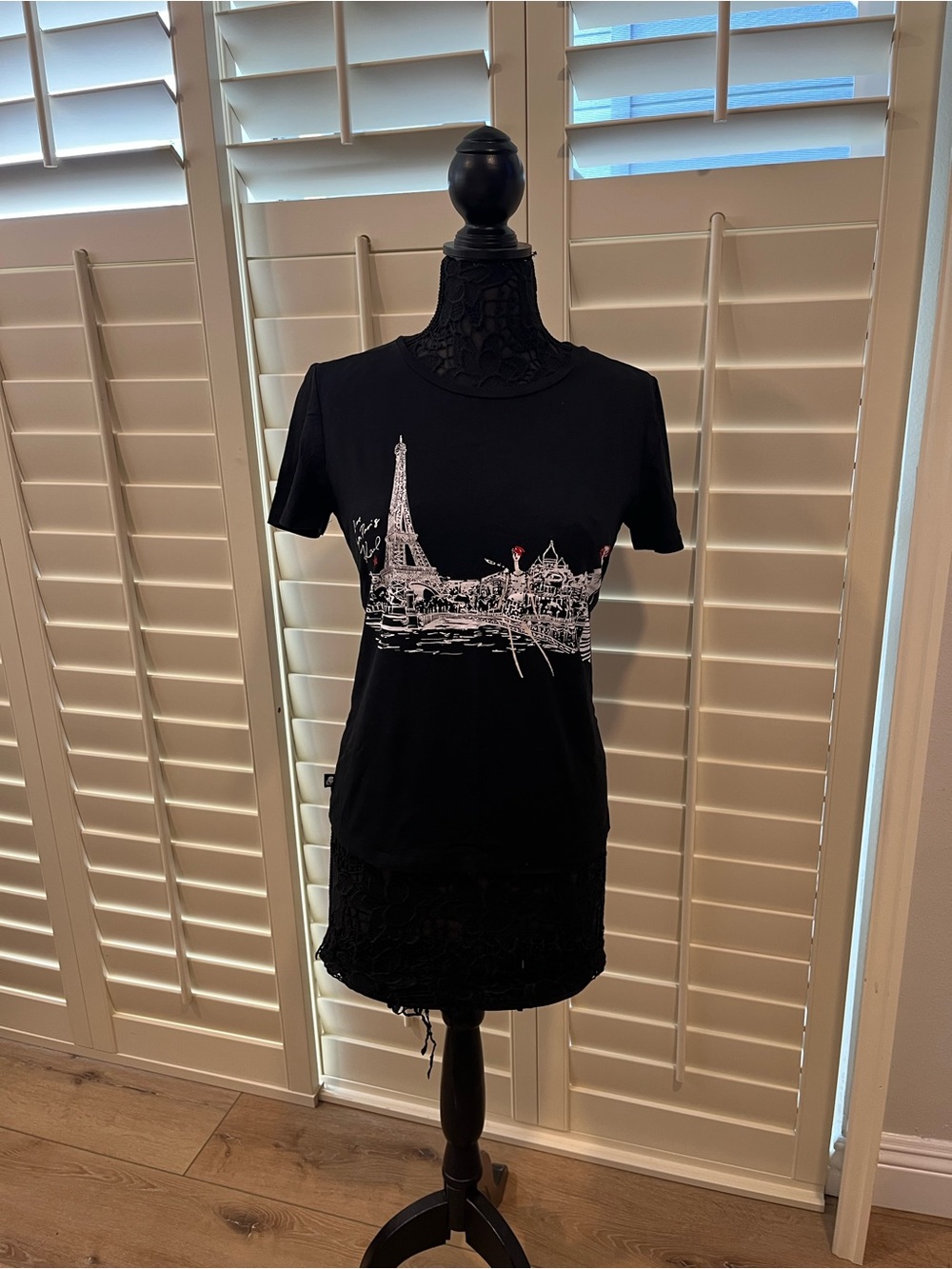 Karl Lagerfeld Black Tee with Paris Skyline Graphic and Red Accents